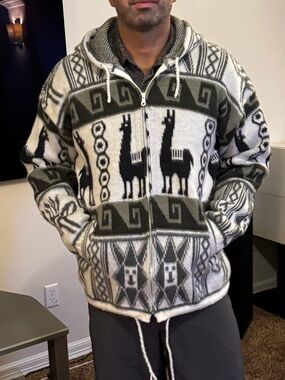 Tejidos Ruminahui Heavy Hooded Full Zip Sweater Jacket Mens L Llama Aztec